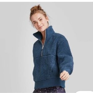 JoyLab Navy Blue Sherpa Quarter Zip Women’s Size Large Kangaroo Front Pocket